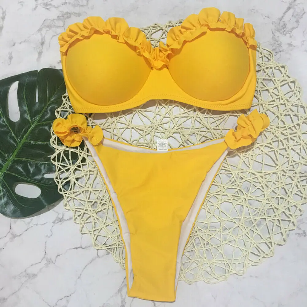 2019 Lady Sexy Strapless Lace Swimwear Solid Color Flower Bikini Padded Push-up Swimsuit Bikini Sexy Bathing Suit