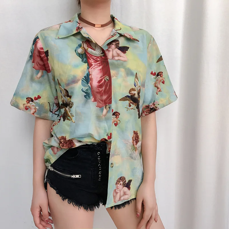 

Lychee Girls Turn-down Collar Vintage Angle Print Female Blouse Shirts Loose Summer Spring Short Sleeve Women Blouse Shirt