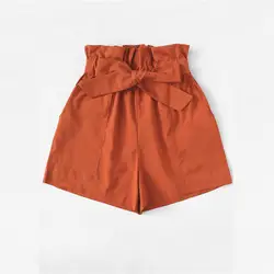 Рюшами Талия с завязкой шорты 2019 Для женщин опрятный летние шорты в уличном стиле однотонный оранжевый Шорты с высокой талией