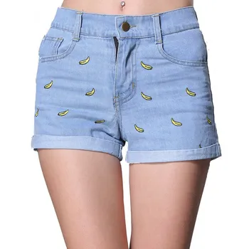 

Women Summer Banana Flower Embroidery Cotton Denim Shorts Loose casual female Jeans Shorts