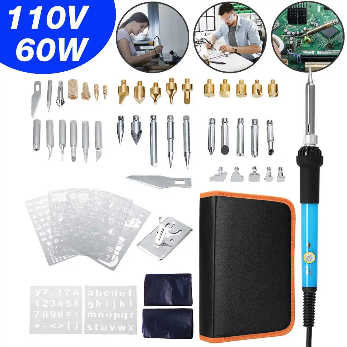 

60Pcs Wood Burning Pen Assorted Tips Set Heat Transfer Tools Engraving Soldering Iron Tip 110V 60W