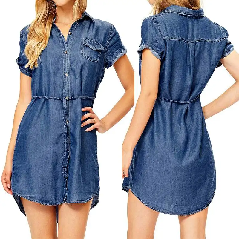 

Celmia 2019 Summer Women Denim Dress Sundress Sarafan Mini Dress Short Sleeve Vintage Asymmetrical Blue Female Jeans Dresses 5XL