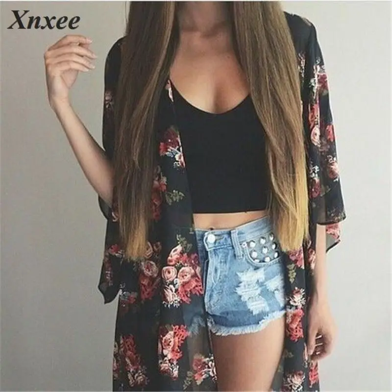 

Women Casual Vintage Kimono Cardigan Ladies 2019 Summer Long Crochet Chiffon Kimono preto Loose flora printed Blouse Tops Black