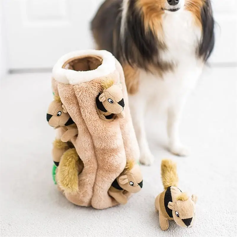 

Adeeing Pet Dog Bite-resistant Toy Tree Hole Three Squirrels Seek Puzzle Plush Squeaking Toys