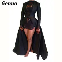 Genuo lace chiffon two piece set sexy women long sleeve coat dress floral lace mini dress suits formal party dress club outfit floral nine points sleeve hollow lace dress