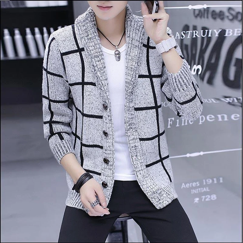 

WIIVIP Autumn Winter Cardigan Men V Neck Sweatercoat Men Cardigans Slim Cashmere Striped Knitted Mens Sweaters mz335