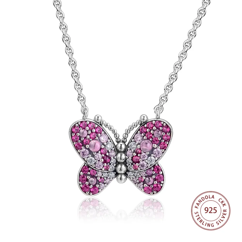 

Genuine 925 Sterling Silver Necklace Dazzling Pink Butterfly Pendant Necklaces for Women Fine Jewelry Gift Bijoux