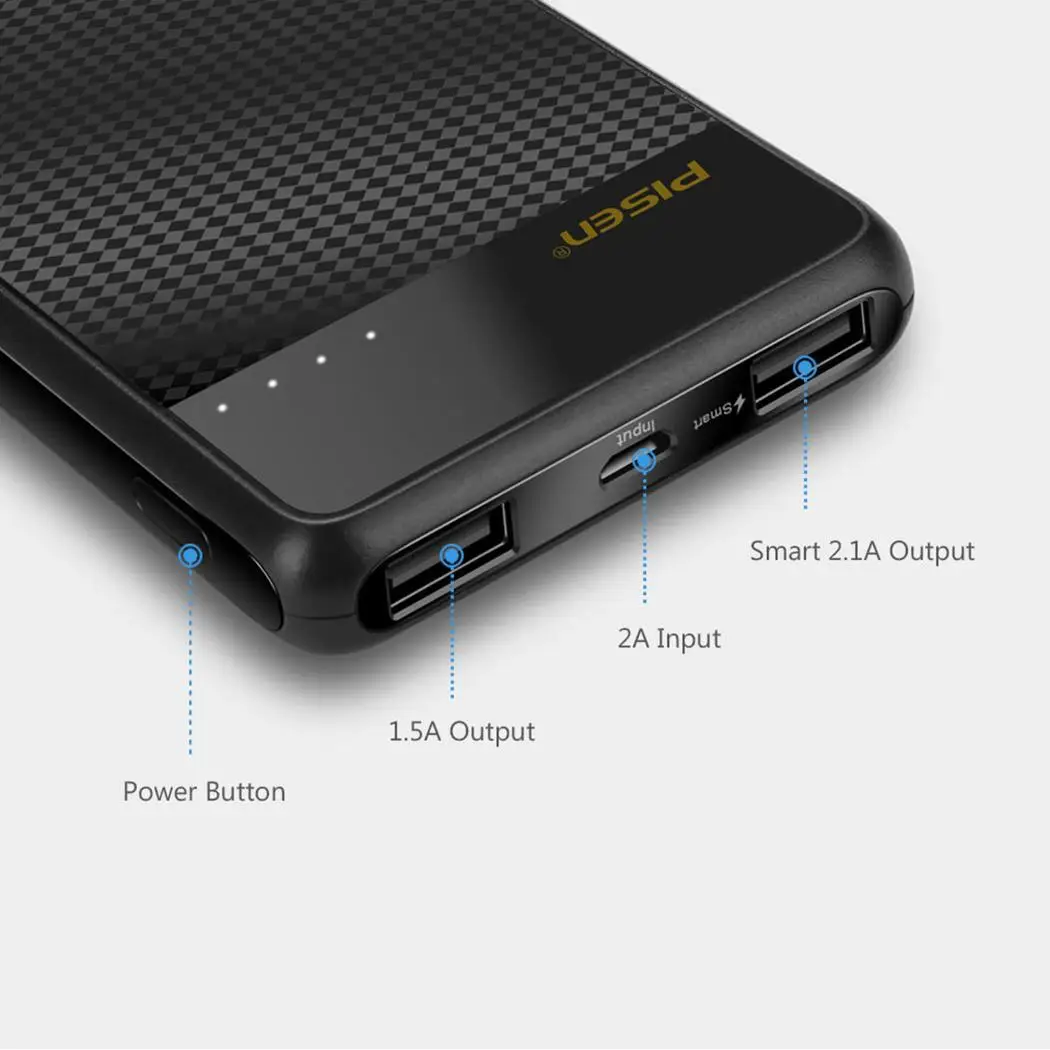 PISEN Slim Power Bank 10000 мАч ультра тонкий двойной выход Smart 2.1A Быстрая зарядка Powerbank