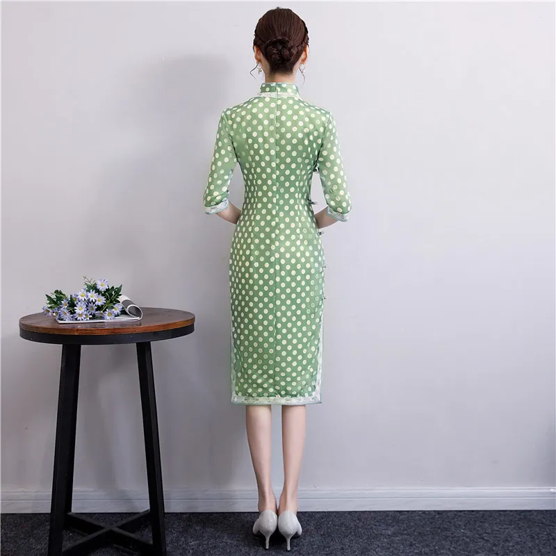 Модное зеленое кружевное платье Cheongsam современное длинное двухслойное Qi Pao