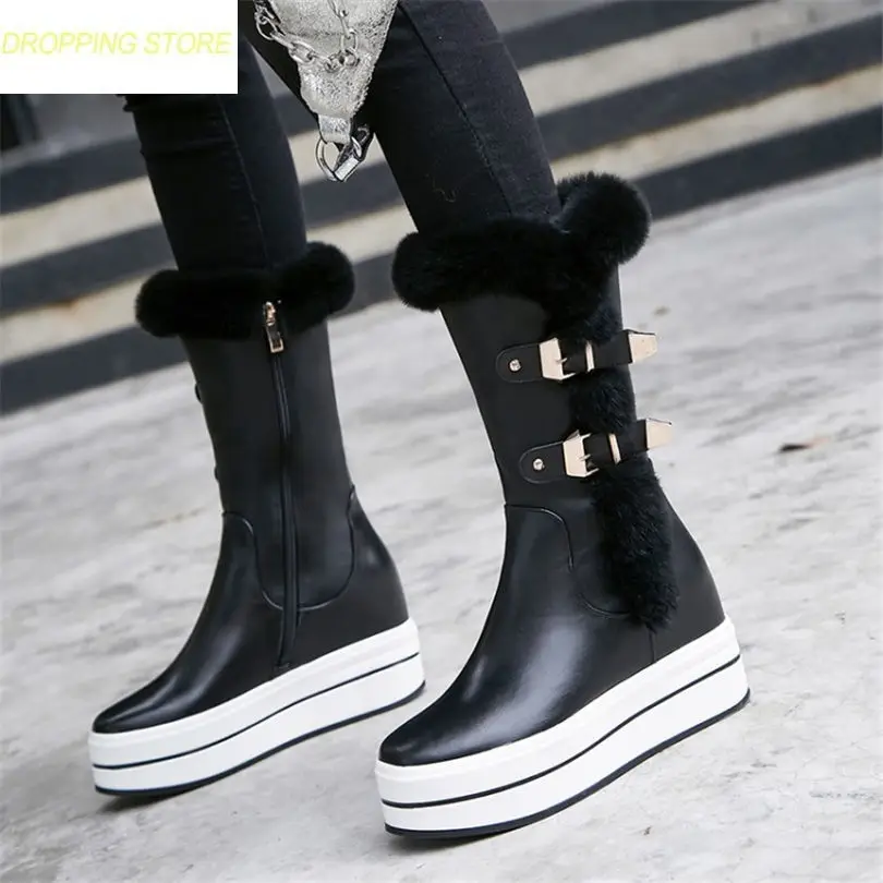

Women Black Leather Wedges Platform High Heel Mid Calf Boots Round Toe Winter Warm Riding Boots Long Punk Sneakers