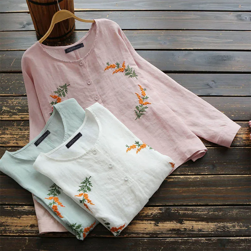 ZANZEA женская блузка с вышивкой, Винтажные льняные топы на пуговицах с круглым вырезом, женские рубашки с цветочным принтом, топы размера плюс, блузы