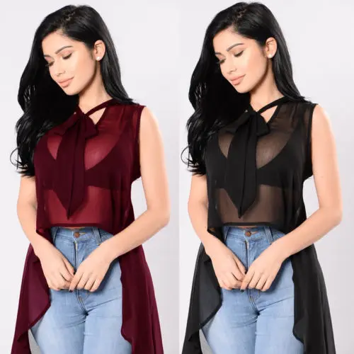 Women See through Bowknot Mesh Sheer Shirts Summer Sleeveless Irregular Tops Shirt Blouse | Женская одежда