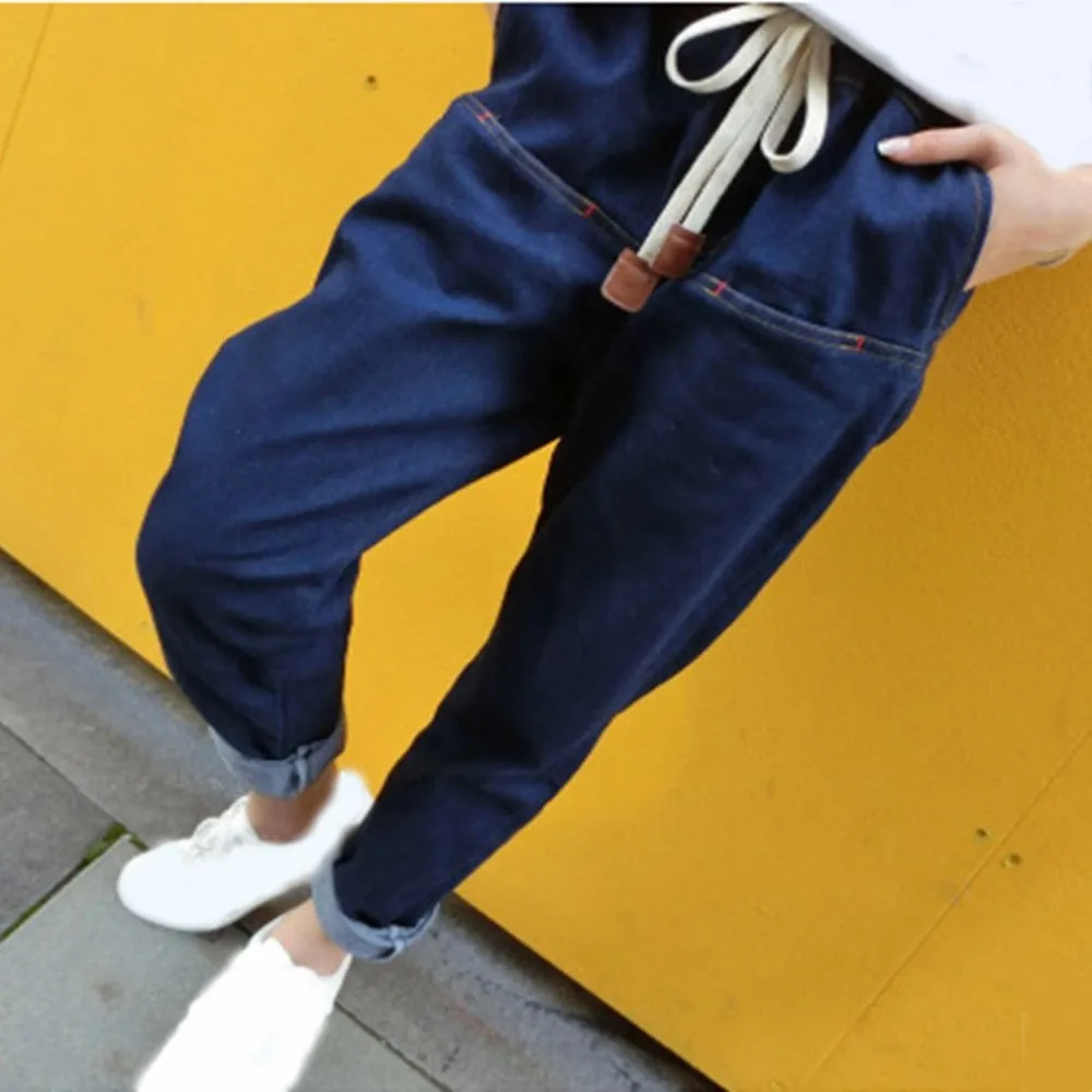 

Spring Women Harem Jeans Loose Blue Elastic High Waist Trousers Casual Female Full Length Denim Pants