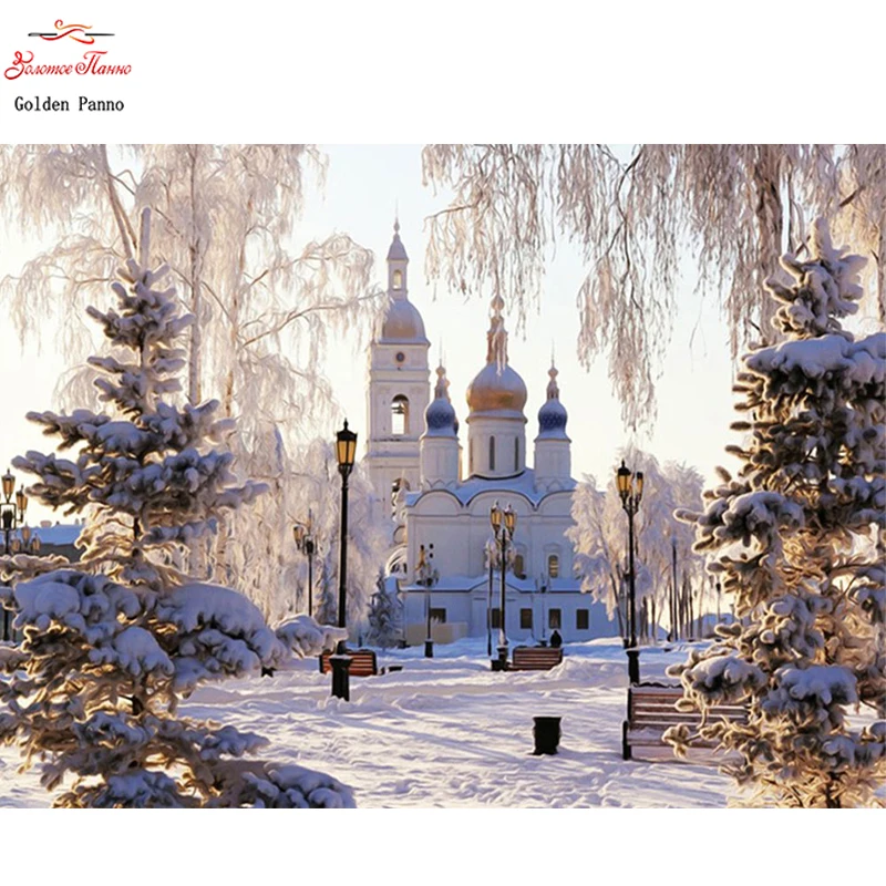 

Golden Panno Diamond Embroidery Scenery Full Square Diamond Painting Cross Stitch Kits winter Church Mosaic home Decoration