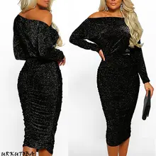 Vestido ceñido con brillo para mujer, vestido sexy liso con hombros descubiertos, ajustado, elegante, con cuello bote, para fiesta de noche, Formal, novedad