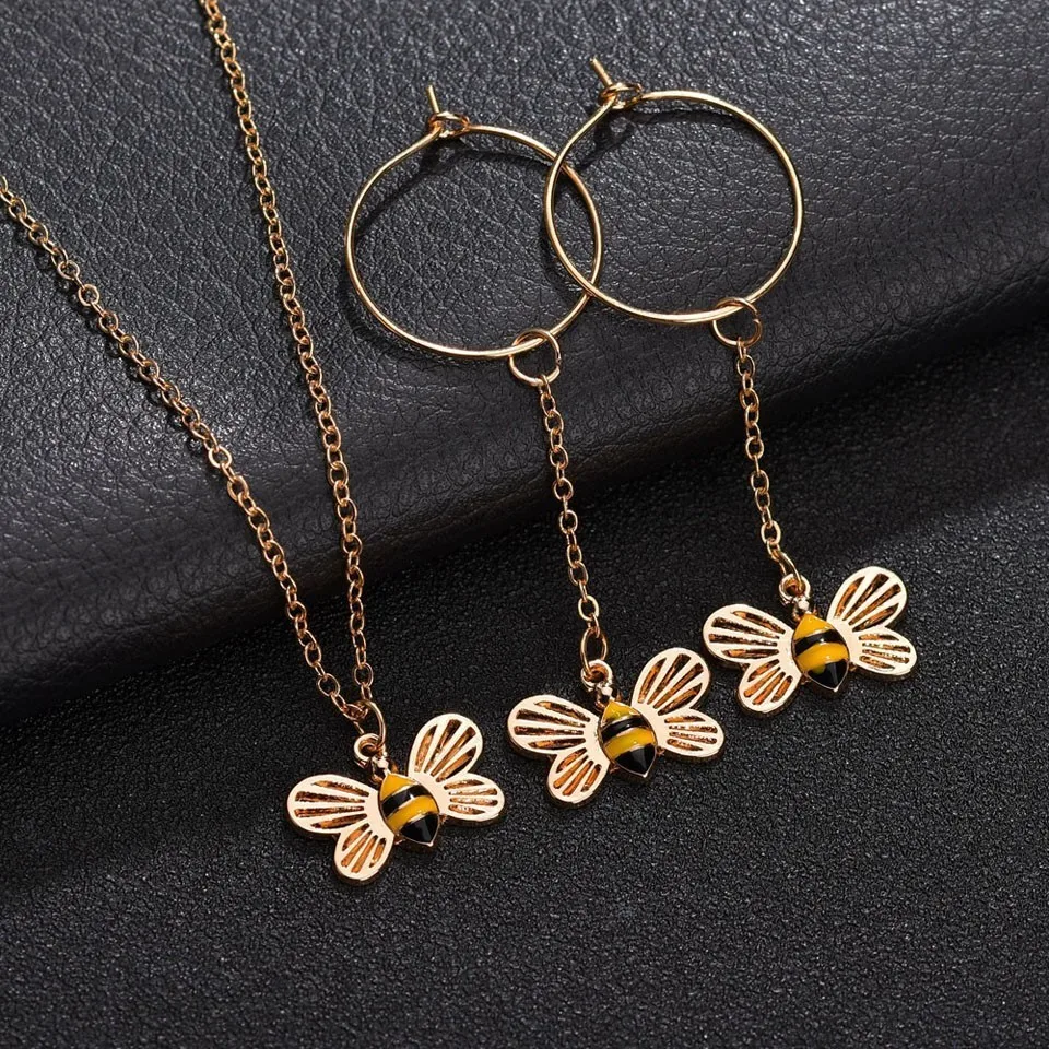 

Trendy Gold Sliver Honey Bee Dangle Women Necklace Earring Sets Wonderful High Quality Fashion Anniversary Jewelry Sets