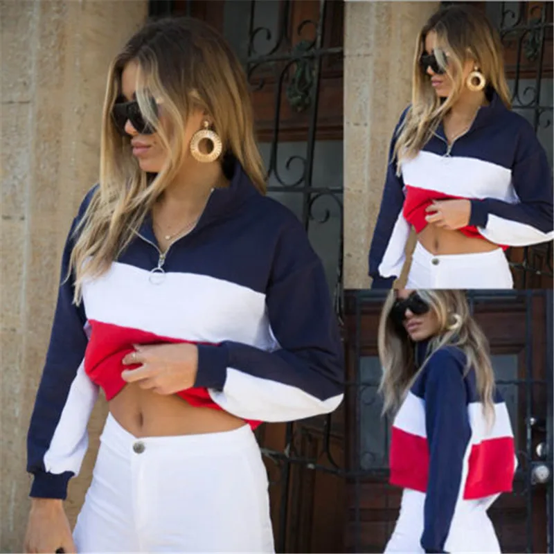 

Fashion Women Crop High Collar Top Jumper Coat Sports Pullover Shirt Zip Blouse Striped Long Sleeve Autumn Ladies Clothes