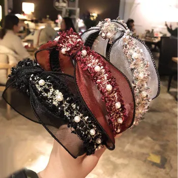 

Simulation Pearl Turban Headband Lace Ribbon Cross Elegant Women's Headband Hair Accessories Korean Girl Headwear