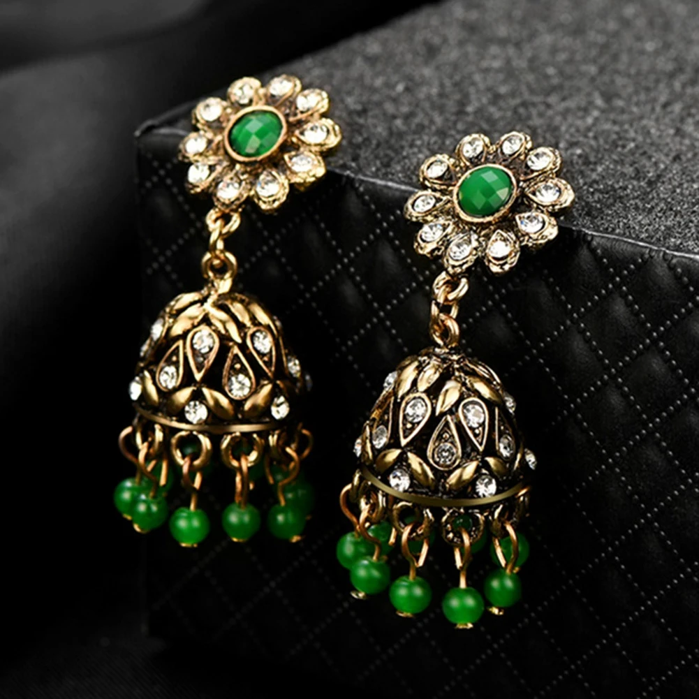 

Women Lady Vintage Bell Beads Dangles Drop Earring Flower Rhinestones Shiny Ear Decoration Fashion Charm Jewelry Accessory