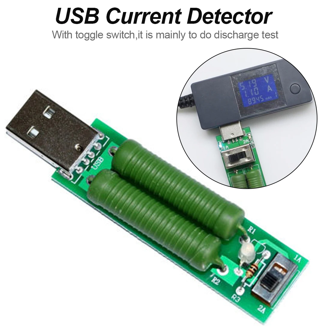 USB порт мини разряд нагрузочный резистор цифровой измеритель напряжения тока тестер 2A/1A с переключателем 1A зеленый светодиод/2A красный светодиод