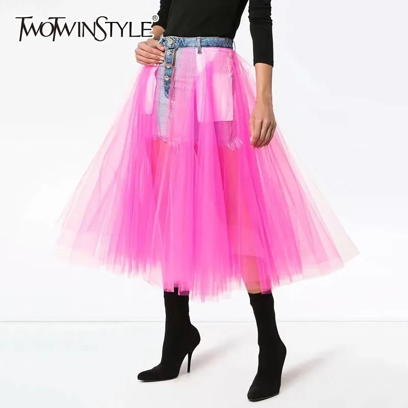 Billige TWOTWINSTYLE Denim R ouml;cke F uuml;r Frauen Hohe Taille Patchwork Mesh Midi Ballkleid Rock Weibliche Casual Mode Koreanische 2019 Fr uuml;hling Flut