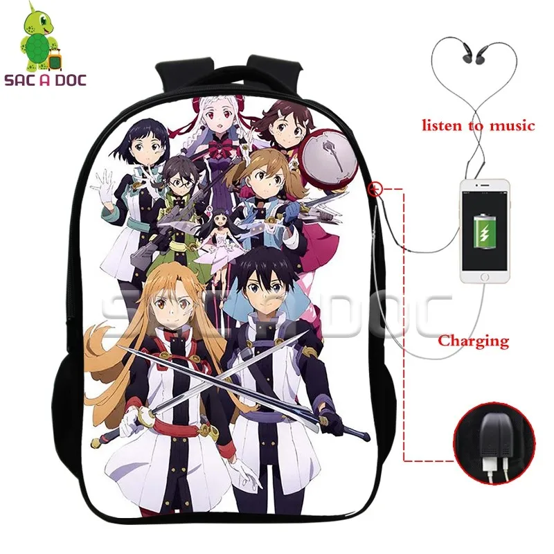 

Anime Sword Art Online Multifunction Backpack Kirito Asuna SAO School Bags for Teens USB Charging Headphone Jack Laptop Backpack