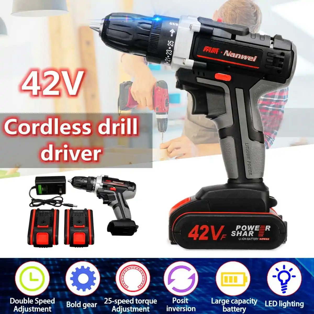 

Electric Screwdriver Cordless Drill Power Driver 42 Volt Max DC Lithium-Ion Battery 2-Speed 25+1 Drill Bit