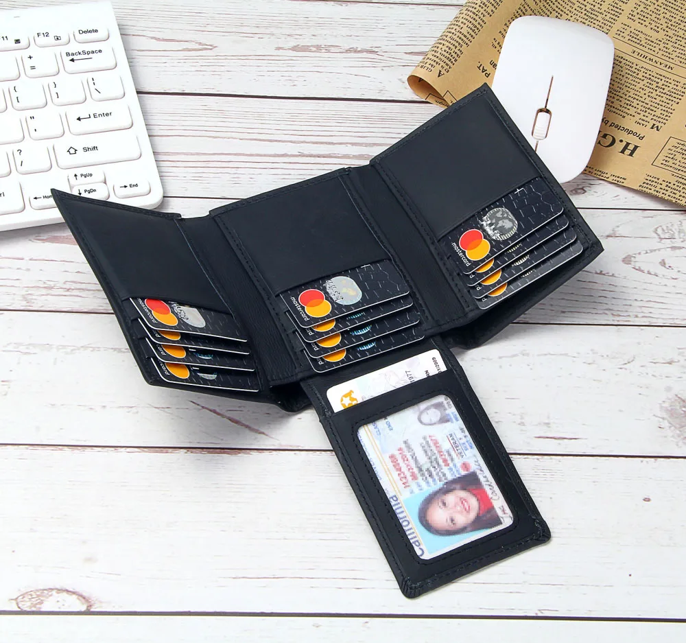 Мужские кошельки RFID из натуральной кожи, черные кошельки с тремя сложениями, мужские однотонные кошельки с несколькими отделениями для карт, маленький короткий кошелек для кредитных карт
