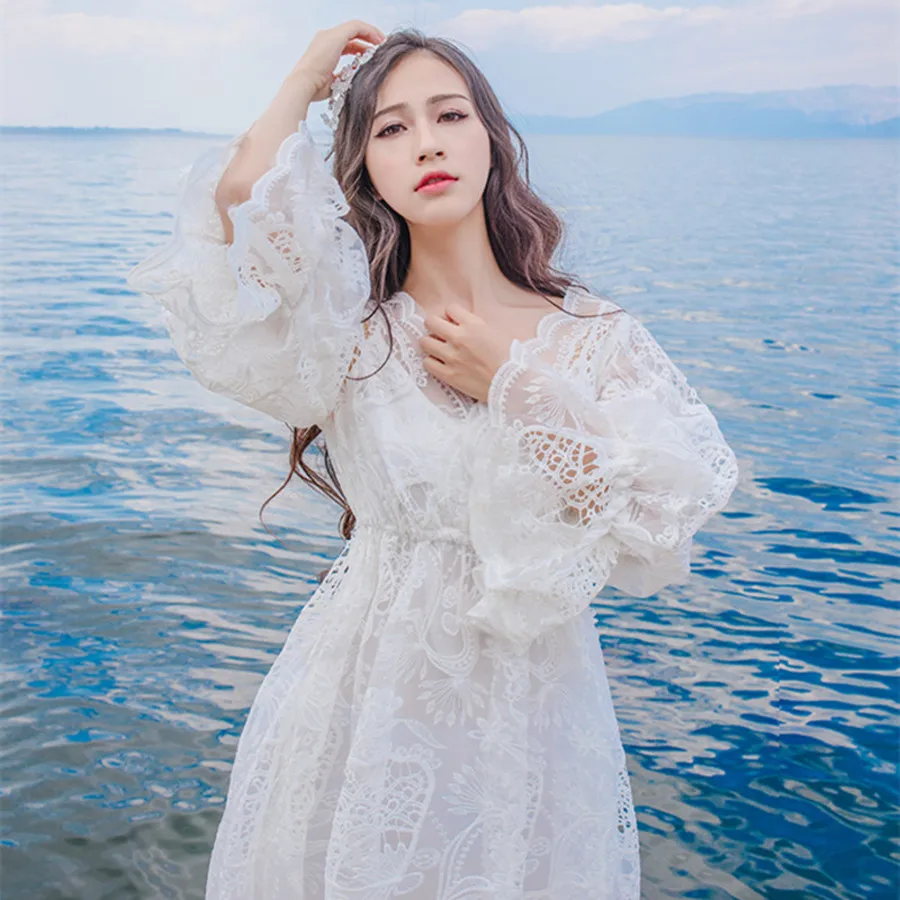 

Summer Lace Dress Women Casual Hollow Out Long Maxi Dresses Femme Sexy V-Neck Wrist Sleeve Bach Party Vestido