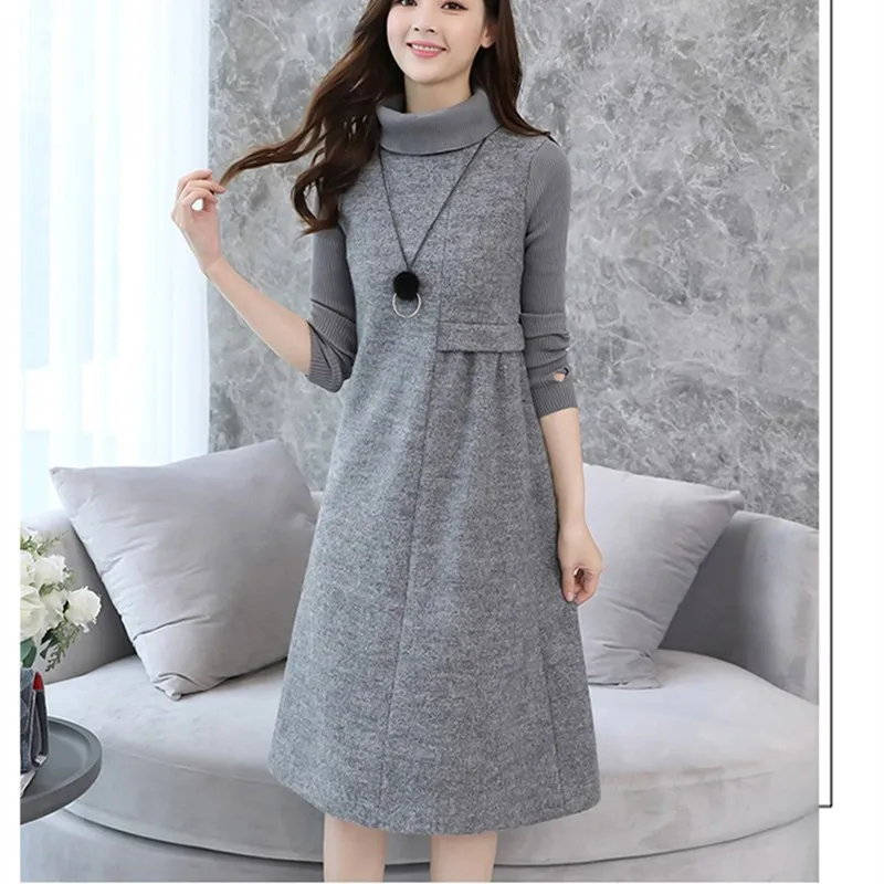 2018 Autumn New Women Soild Warm Dress Wool Blend Dresses Long Sleeve ...