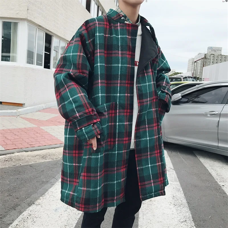2018 осень-зима корейский Для мужчин Повседневное свободные решетки тонкий шерстяной камвольной длинные пальто Стенд воротник плед пальто