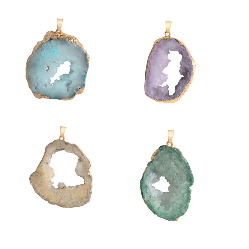 

Natural Stone Jewelry Quartz Gold Plating Irregular Slice Open Agat Crystal Pendants Pendulum Druzy for Necklace Making