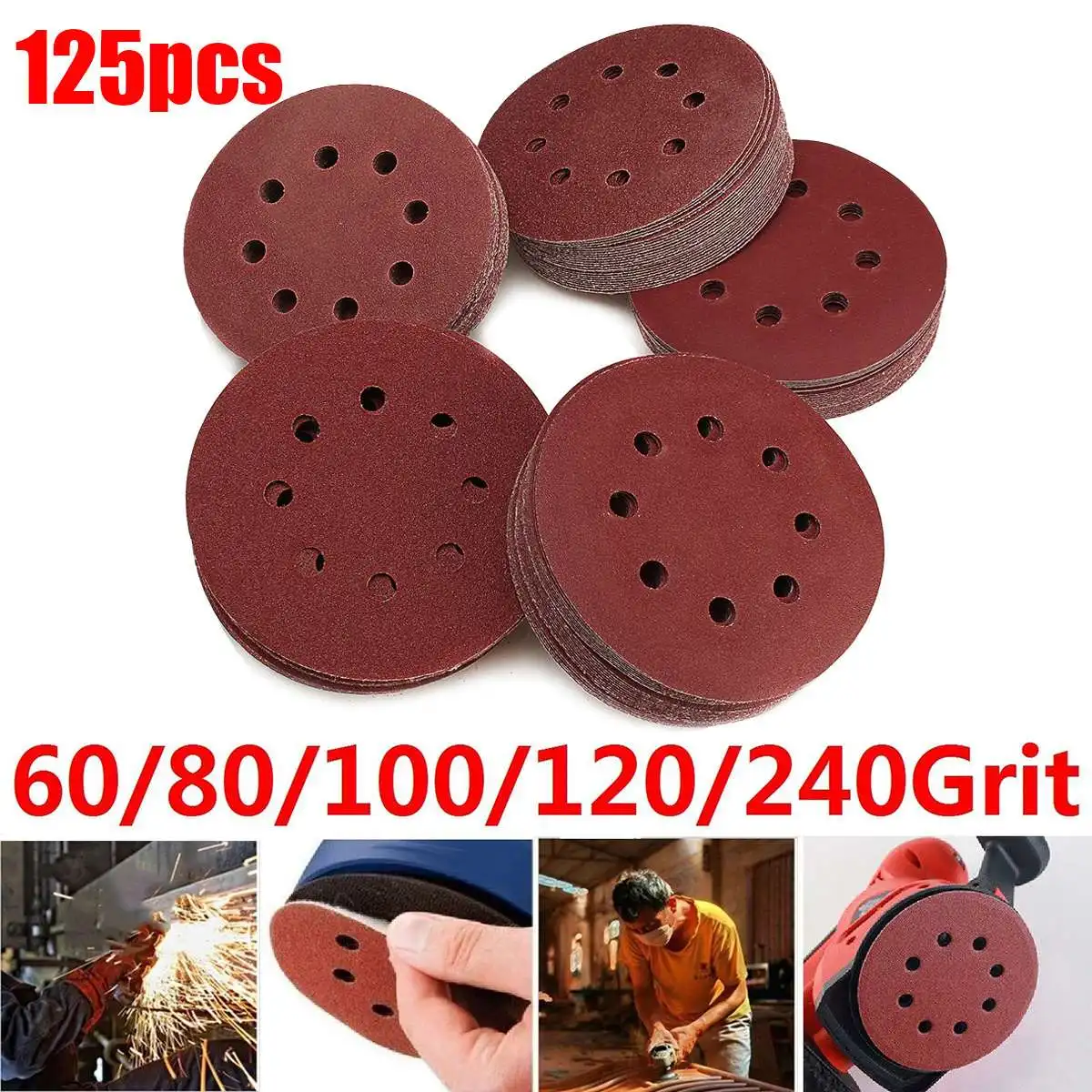 Achat 125 pièces 60 80 100 120 240 Grains Ponçage Disque Ensemble 125 MM 8 Trous Crochet boucle Ponçage Pad Pour Le Polissage Papier de Verre Outils De Nettoyage