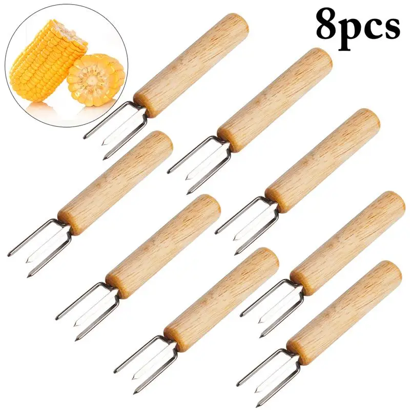 8pcs 16pcs Corn Holders Fork Multi-function Barbecue Corn Tools Wooden Handle 304 Stainless Steel Fork BBQ Barbecue Supplies
