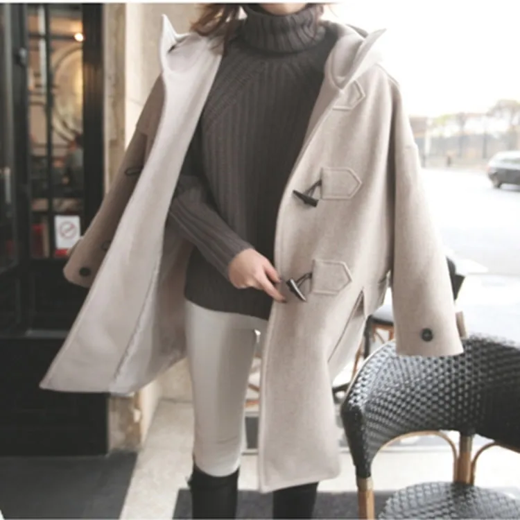 Femme Long Solide Manteau Outwear Hiver Feminino Capuchon 2018 Casaco Simple Manches Bouton Corne À Mode Automne Longues EqdOEw