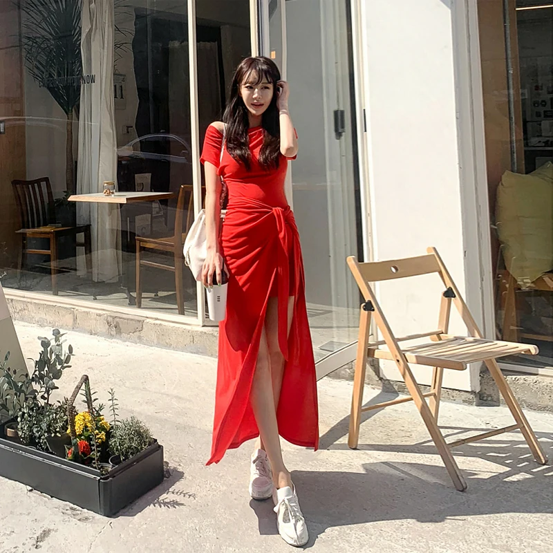 

CINESSD Sexy 2-Piece One Shoulder Red Dress 2019 Women Summer Korean Solid Asymmetrical Party Dress Vestidos Plus Size