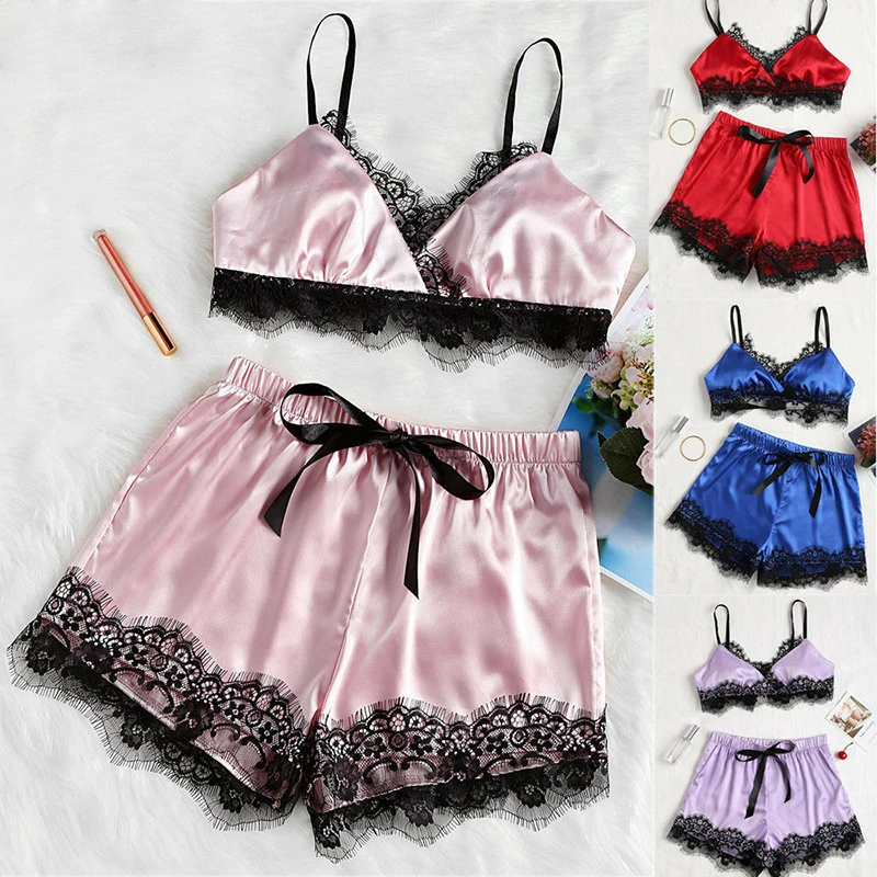 Женский пижамный комплект кружевное сатиновое ночное белье короткий топ с