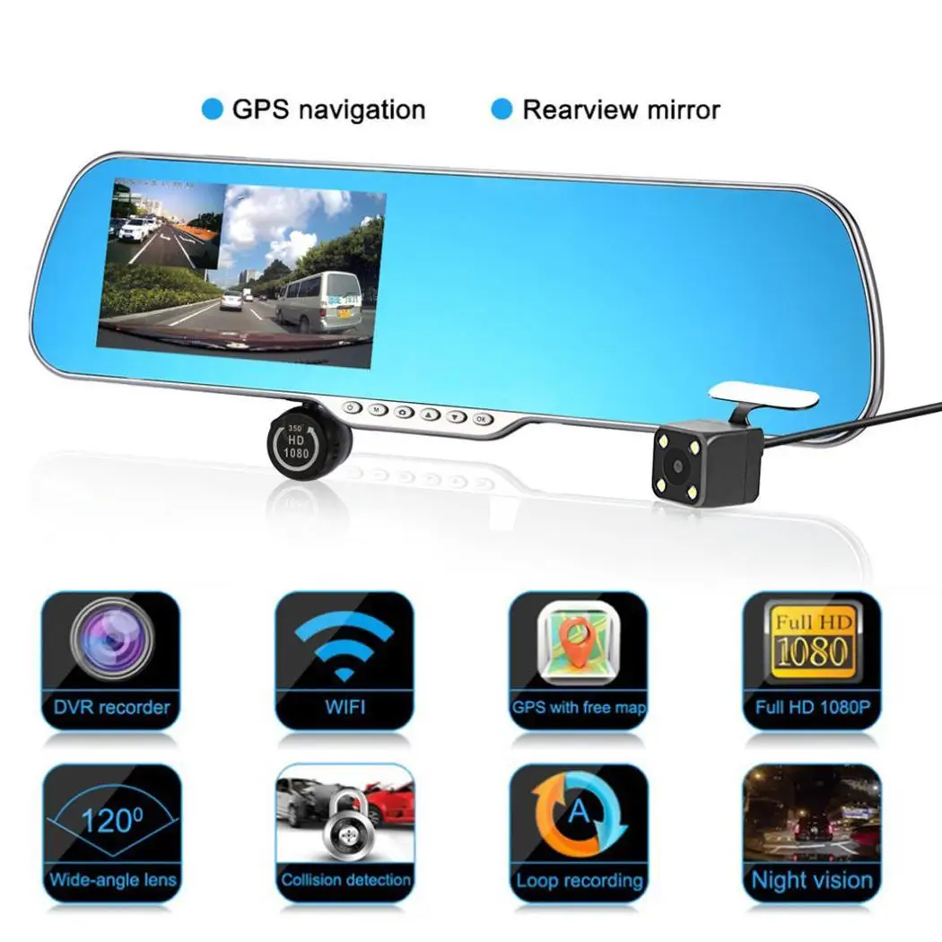 

5-inch Navigation Rearview Mirror Driving Recorder mirror Double million Lens Kit 5V 2.0 8H Reversing Image