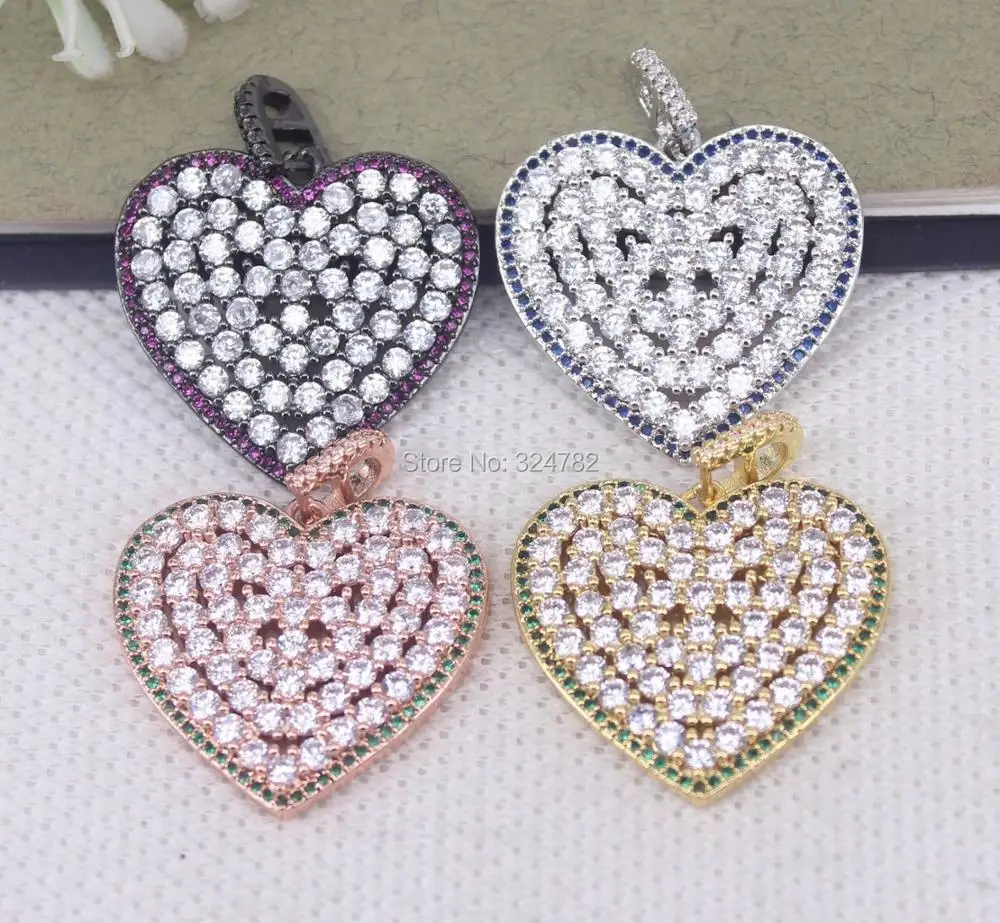 5 шт. Металл Медь Micro Pave CZ бусины подвески в виде сердца для цепочки и ожерелья