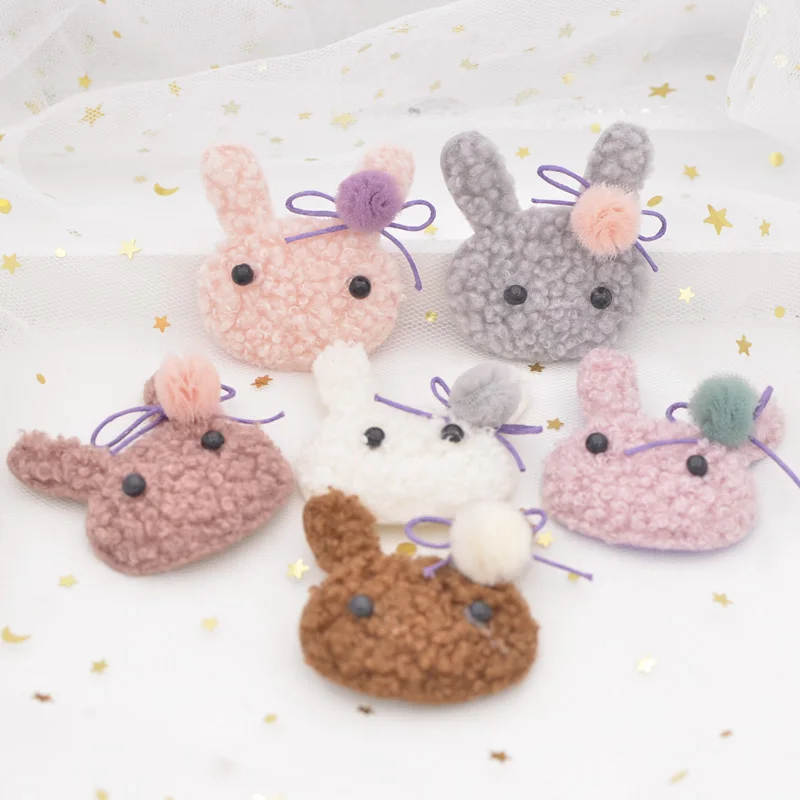 

6Pcs Teddy Plush Pads Patches Chiffon Ball Bow Stick-on Rabbit Appliques for Clothes Hat Leggings DIY Hairpin Clips Ornament G12