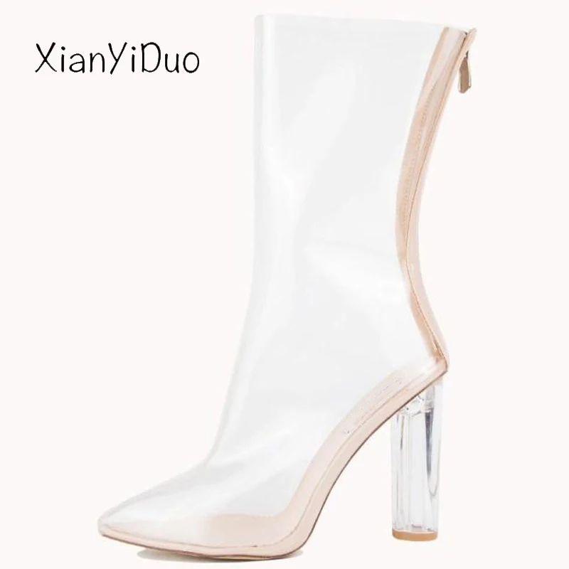 

Xianyiduo fashion Women's Shoes boots Party mid-calf Zipper super High Heel Sexy plus size 40-43 transparent heel Clear /m291