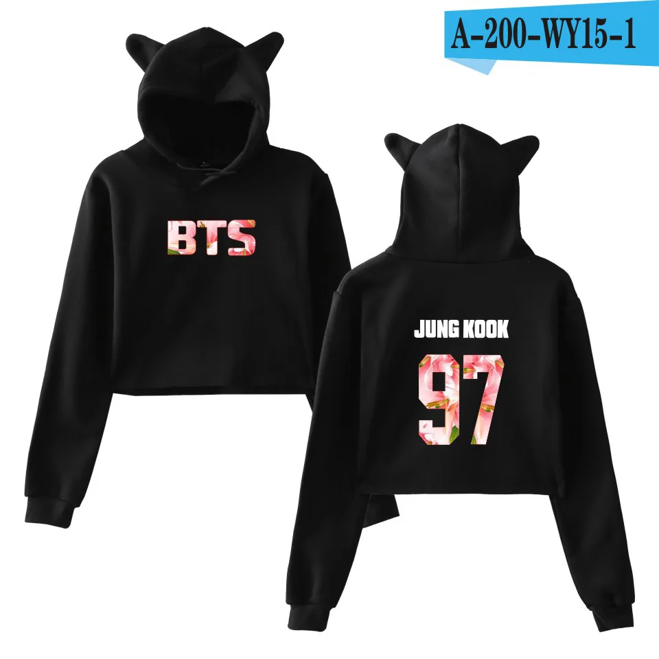 BTS альбом Jung Kook 97 печати обрезанные толстовки с шапочка с кошачими ушами шками для женщин длинным рукавом Толстовка капюшоном укороченный