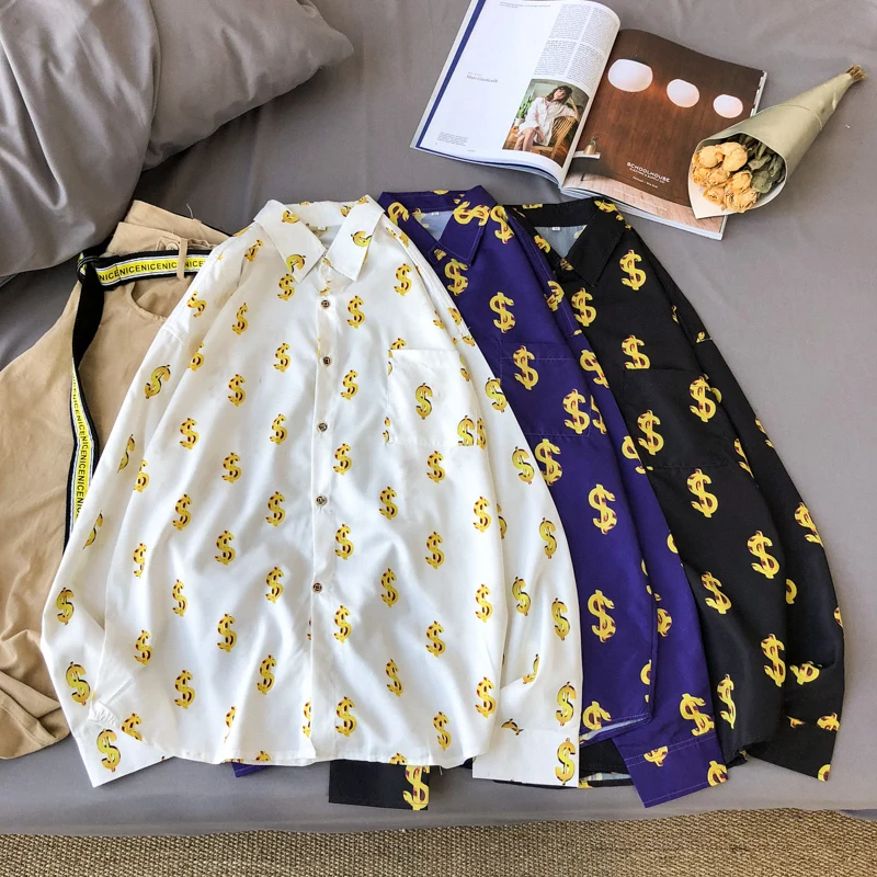 

Men's Shirt 2019 Autumn New Money Print Slim Cotton Casual Loose Lapel Youth Personality Trend Men's Wear