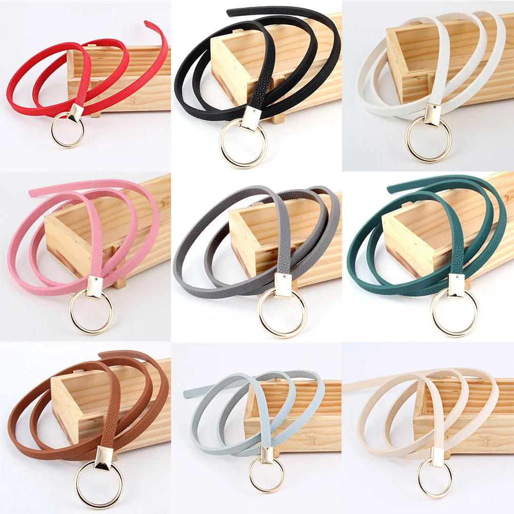 

Lady Faux Leather Belts Round Metal Buckle Skinny Leather Thin Belt Dress Strap Knotted Waist Belt Solid Color PU Accessories