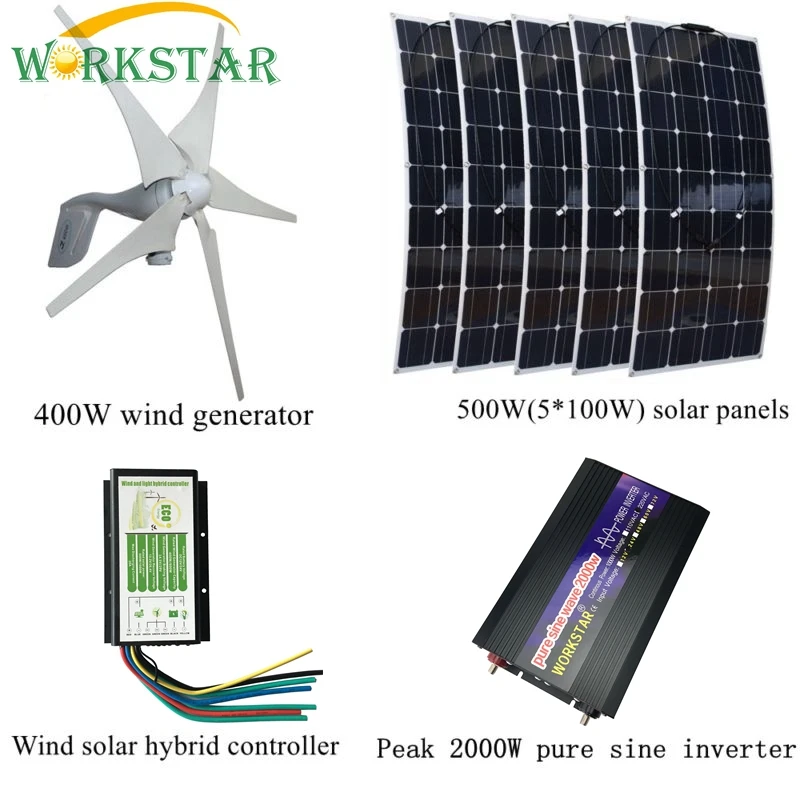 

400W Wind Generator +5*100W Flexible Solar Panel+Peak 2000W Inverter+Hybrid Controller Houseuse Wind Solar 900W Solar System