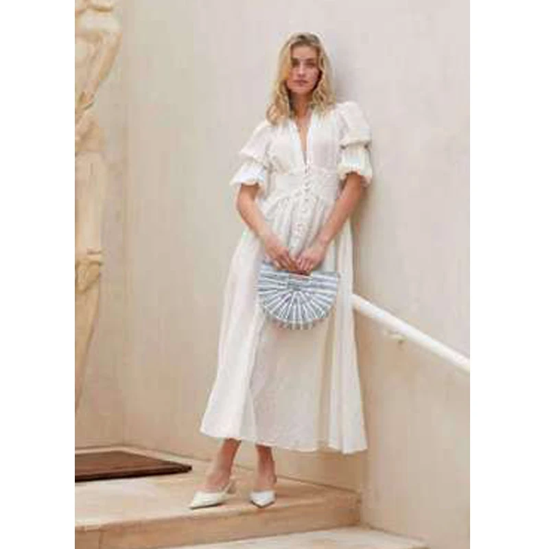 

High Quality White V-neck Women Dress Sexy Fashion High Waist Puff Sleeve Maxi Dress 2019 Summer Party Casual Clothes