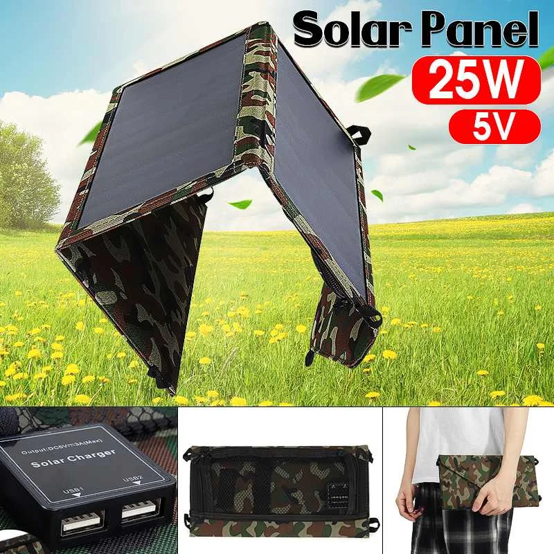 

Dual USB Port Portable 25W 5V Solar Panel Folding Foldable Waterproof Charger Mobile Power Bank for Phone Battery