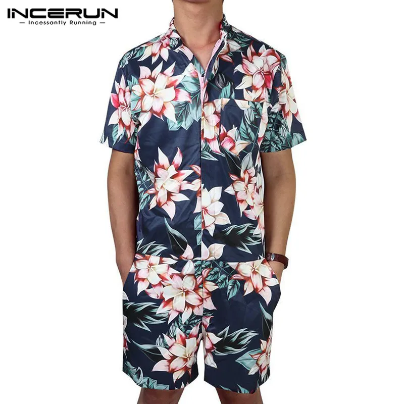 INCERUN мужские комбинезоны, рабочая одежда, 3D принт, свободный короткий рукав, модный Гавайский комбинезон, Уличная Повседневная одежда, комбинезон для мужчин 5XL
