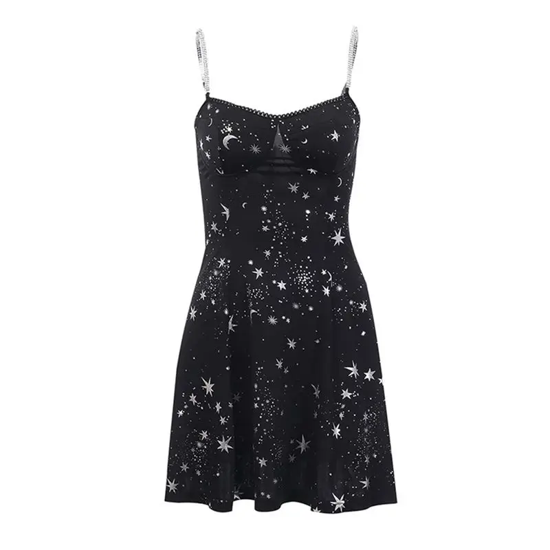 

Summer Beach Gothic Cool Black Sexy Club OL Ladies Women Mini Dresses Off Shoulder Star Print Party Backless Female Goth Dress