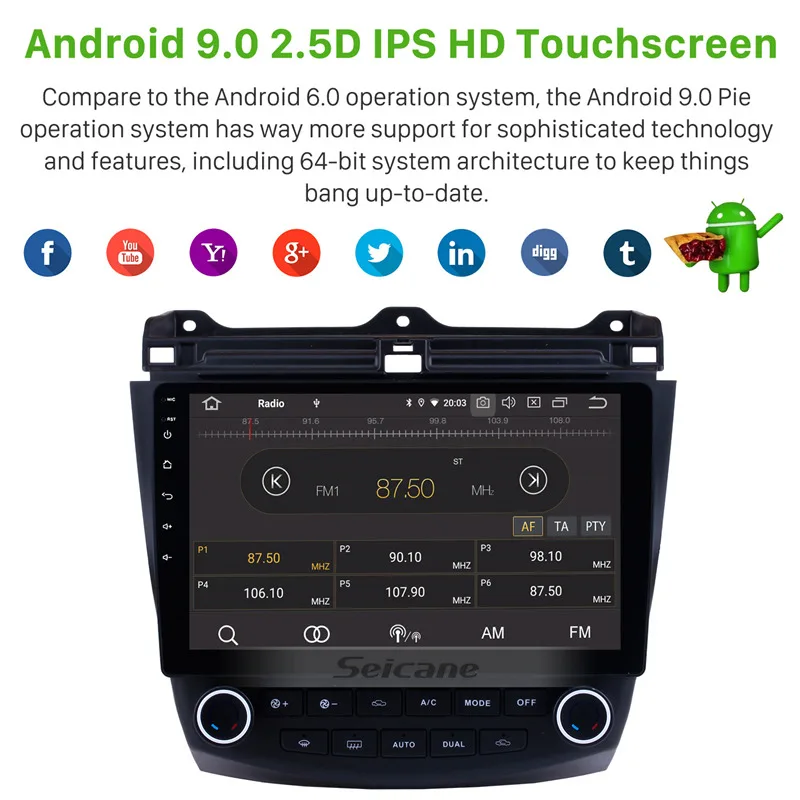 Seicane 10.1 inch GPS Navi Unit Player Android 9.0 IPS 8-Core for 2003-2006 2007 Honda Accord 7 Car Radio Steering Wheel Control